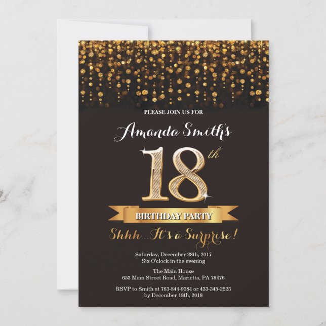 Surprise 18th Birthday Invitation Black and Gold (Front)