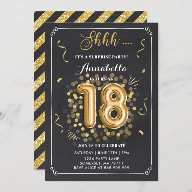 Surprise 18th Birthday Invitation Gold Chalkboard (Front/Back)