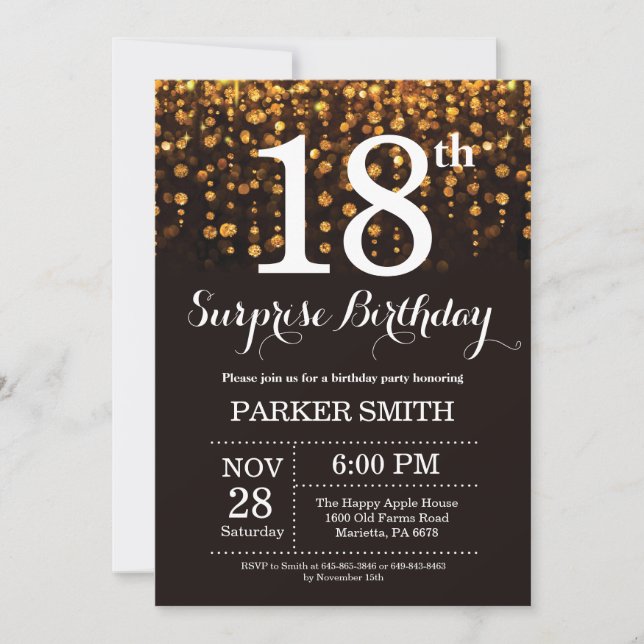 Surprise 18th Birthday Invitation Gold Glitter (Front)