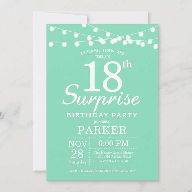 Surprise 18th Birthday Invitation Mint Green (Front)