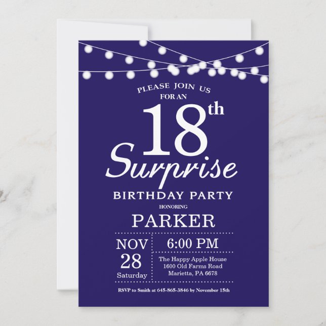 Surprise 18th Birthday Invitation Navy Blue (Front)