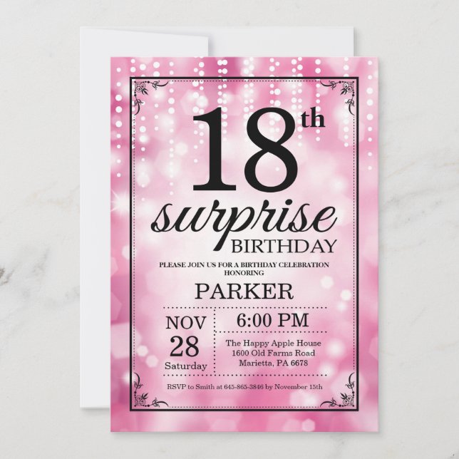 Surprise 18th Birthday Invitation Pink Glitter (Front)