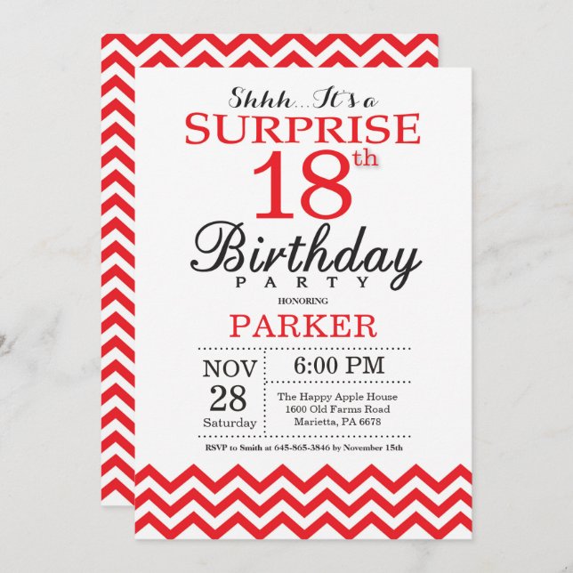 Surprise 18th Birthday Invitation Red Chevron (Front/Back)