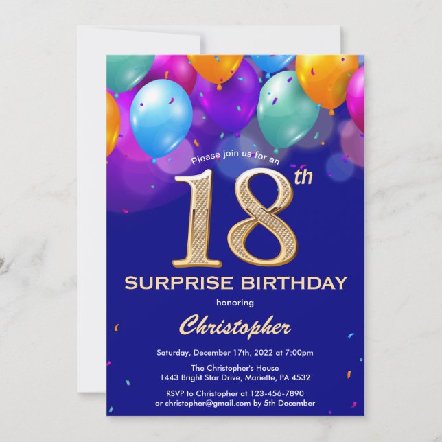 Surprise 18th Birthday Navy Blue and Gold Balloons Invitation (Front)