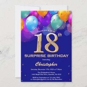 Surprise 18th Birthday Navy Blue and Gold Balloons Invitation