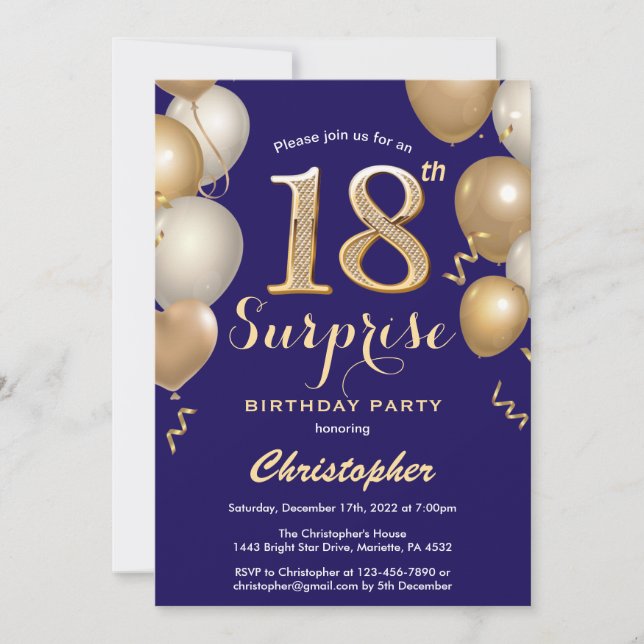 Surprise 18th Birthday Navy Blue and Gold Balloons Invitation (Front)