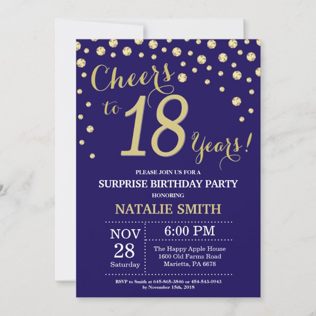 Surprise 18th Birthday Navy Blue and Gold Diamond Invitation (Front)