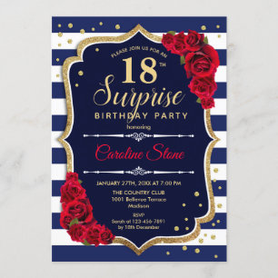 Surprise 18th Birthday - Navy White Red Invitation