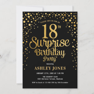 Surprise 18th Birthday Party - Black & Gold Invitation