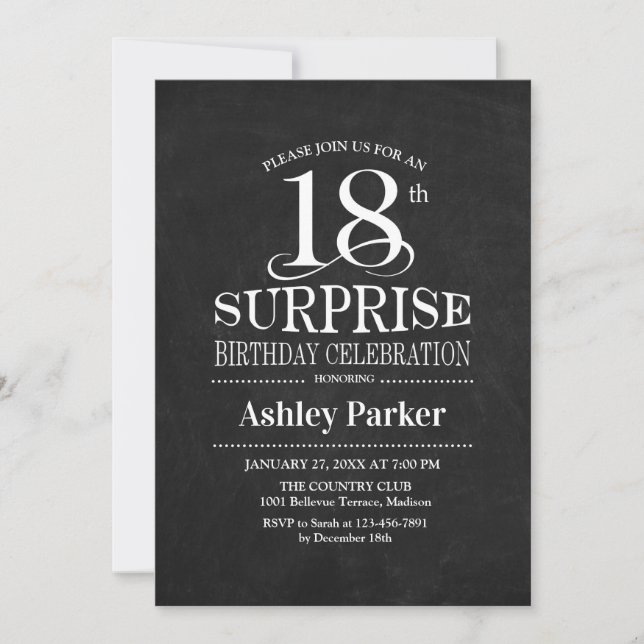 Surprise 18th Birthday Party - Black White Invitation (Front)