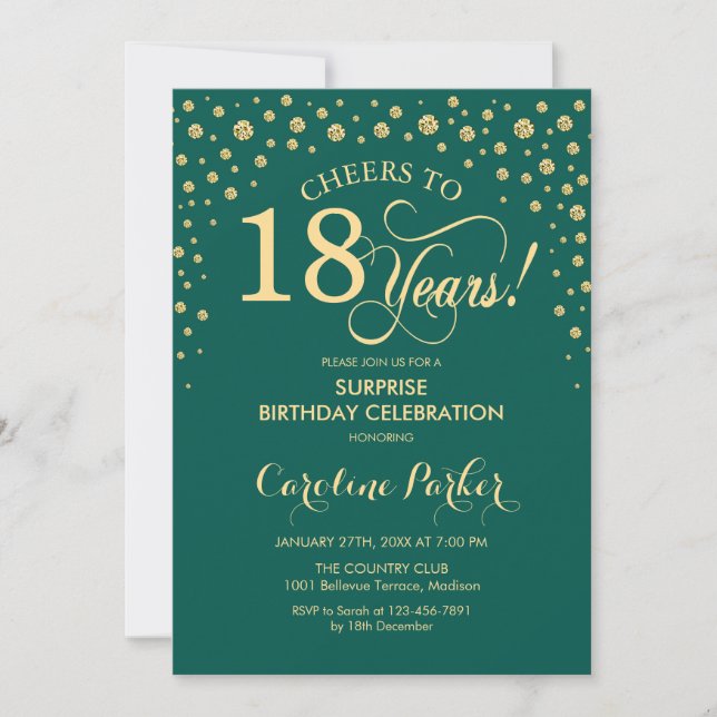 Surprise 18th Birthday Party - Emerald Green Gold Invitation (Front)