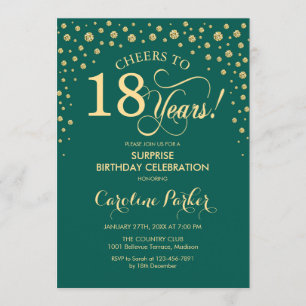 Surprise 18th Birthday Party - Emerald Green Gold Invitation