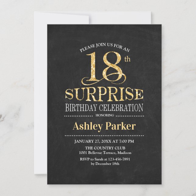 Surprise 18th Birthday Party - Gold Black Invitation (Front)
