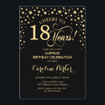 Surprise 18th Birthday Party - Gold Black Invitation<br><div class="desc">Surprise 18th Birthday Party Invitation.
Elegant design in black and faux glitter gold . Features script font and diamonds confetti. Cheers to 18 Years! Message me if you need further customization.</div>
