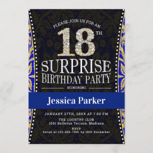 Surprise 18th Birthday Party - Gold Navy Blue Invitation