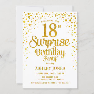Surprise 18th Birthday Party - Gold & White Invitation