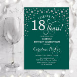 Surprise 18th Birthday Party - Green Silver Invitation<br><div class="desc">Surprise 18th Birthday Party Invitation.
Elegant design in emerald green and faux glitter silver. Features script font and diamonds confetti. Cheers to 18 Years! Message me if you need further customization.</div>