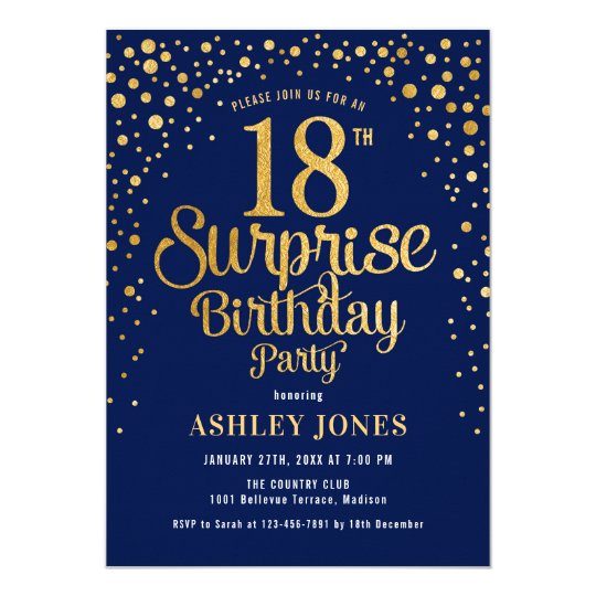 Surprise 18th Birthday Party Navy & Gold Invitation