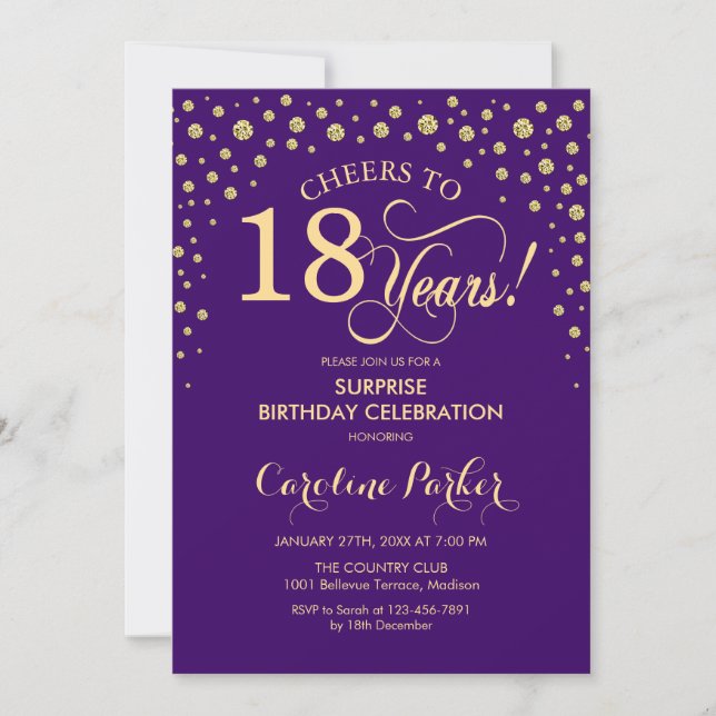 Surprise 18th Birthday Party - Purple Gold Invitation (Front)