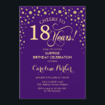 Surprise 18th Birthday Party - Purple Gold Invitation<br><div class="desc">Surprise 18th Birthday Party Invitation.
Elegant design in royal purple and faux glitter gold . Features script font and diamonds confetti. Cheers to 18 Years! Message me if you need further customization.</div>