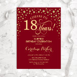 Surprise 18th Birthday Party - Red Gold Invitation<br><div class="desc">Surprise 18th Birthday Party Invitation.
Elegant design in dark red and faux glitter gold. Features script font and diamonds confetti. Cheers to 18 Years! Message me if you need further customization.</div>