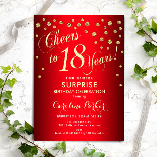 Surprise 18th Birthday Party - Red Gold Invitation