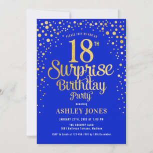 Surprise 18th Birthday Party - Royal Blue & Gold Invitation