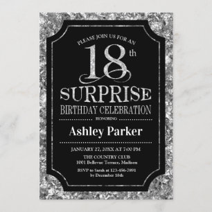 Surprise 18th Birthday Party - Silver Black Invitation
