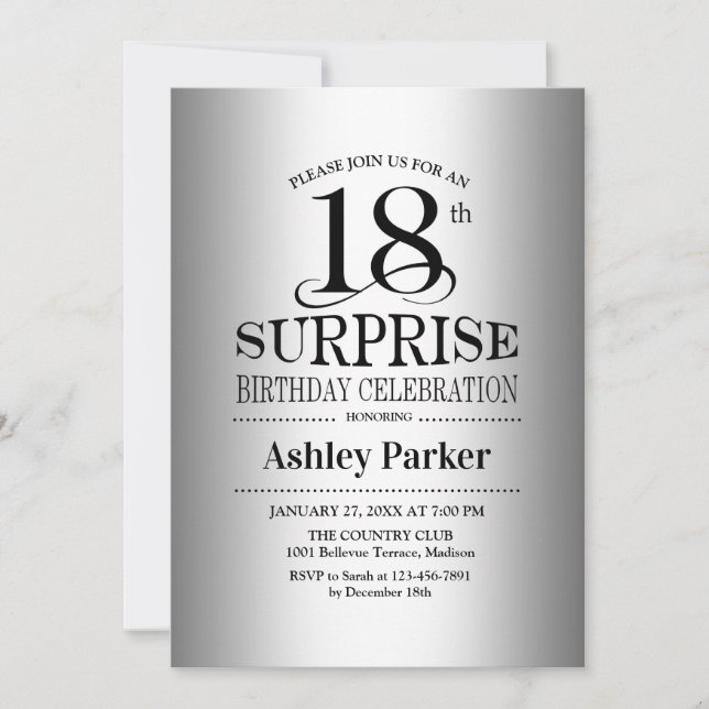 Surprise 18th Birthday Party - Silver Invitation (Front)