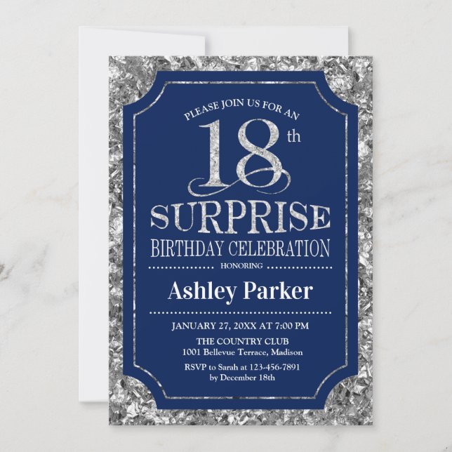 Surprise 18th Birthday Party - Silver Navy Blue Invitation (Front)