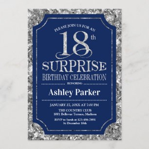 Surprise 18th Birthday Party - Silver Navy Blue Invitation