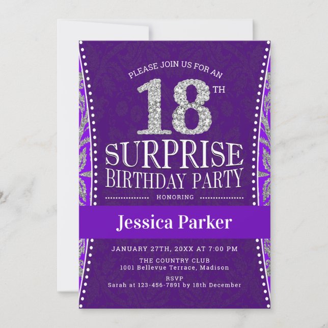 Surprise 18th Birthday Party - Silver Purple Invitation (Front)
