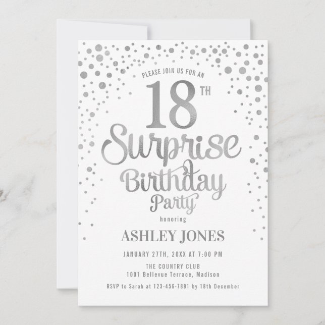 Surprise 18th Birthday Party - Silver & White Invitation (Front)
