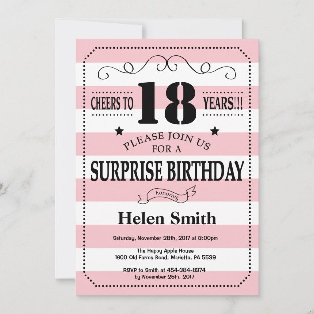 Surprise 18th Birthday Pink and White Stripes Invitation (Front)