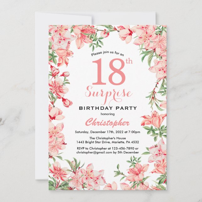 Surprise 18th Birthday Pink Boho Botanical Floral Invitation (Front)