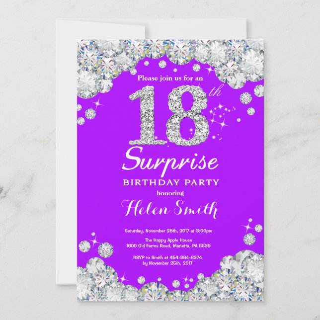 Surprise 18th Birthday Purple and Silver Diamond Invitation (Front)