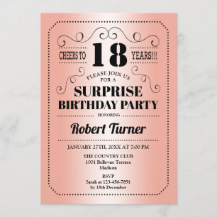 Surprise 18th Birthday - Rose Gold Black Invitation
