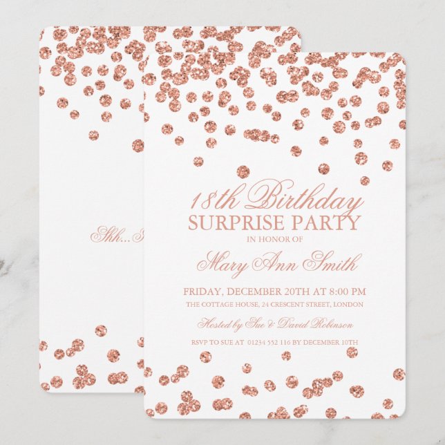 Surprise 18th Birthday Rose Gold Glitter Confetti Invitation (Front/Back)