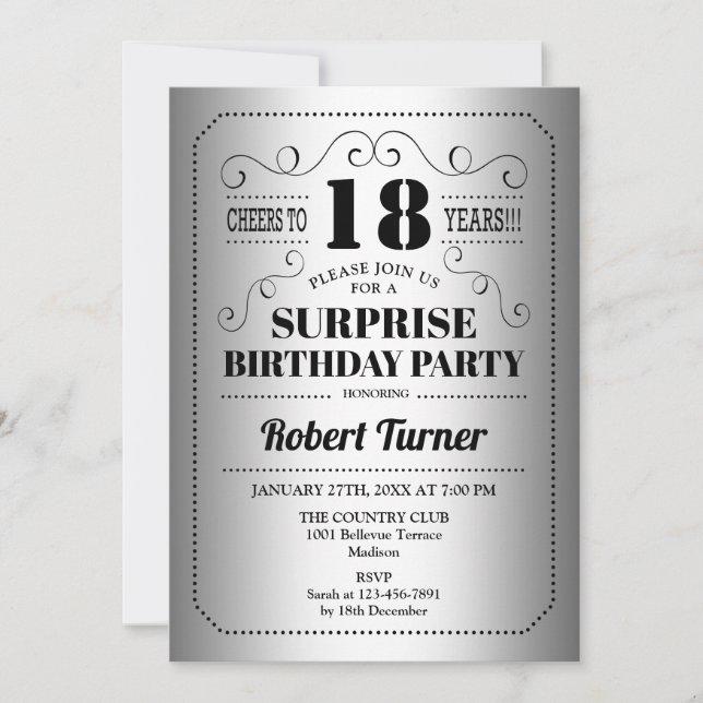 Surprise 18th Birthday - Silver Black Invitation (Front)