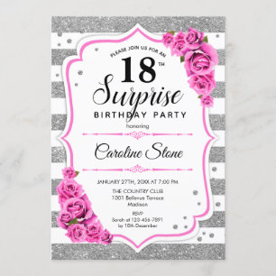 Surprise 18th Birthday - Silver White Pink Invitation