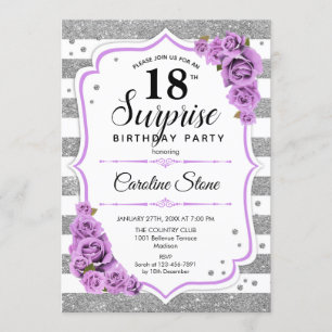 Surprise 18th Birthday - Silver White Purple Invitation
