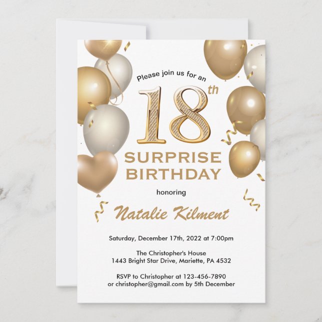Surprise 18th Birthday White and Gold Balloons Invitation (Front)