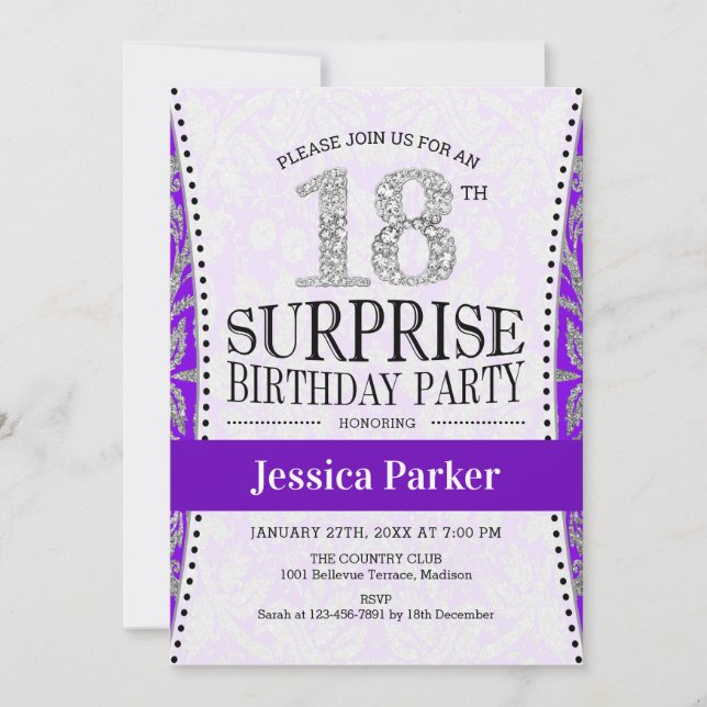 Surprise 18th Birthday - White Silver Purple Invitation (Front)