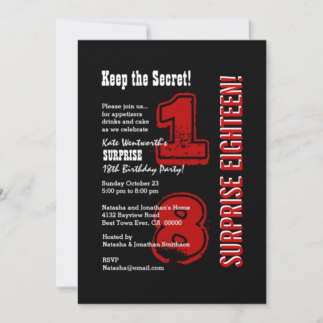 SURPRISE 18th Modern Birthday Red Black White V01C Invitation (Front)