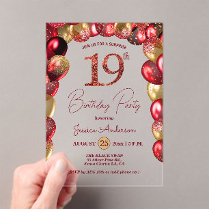 Surprise 19th Birthday Party Gold Burgundy Glitter Acrylic Invitations