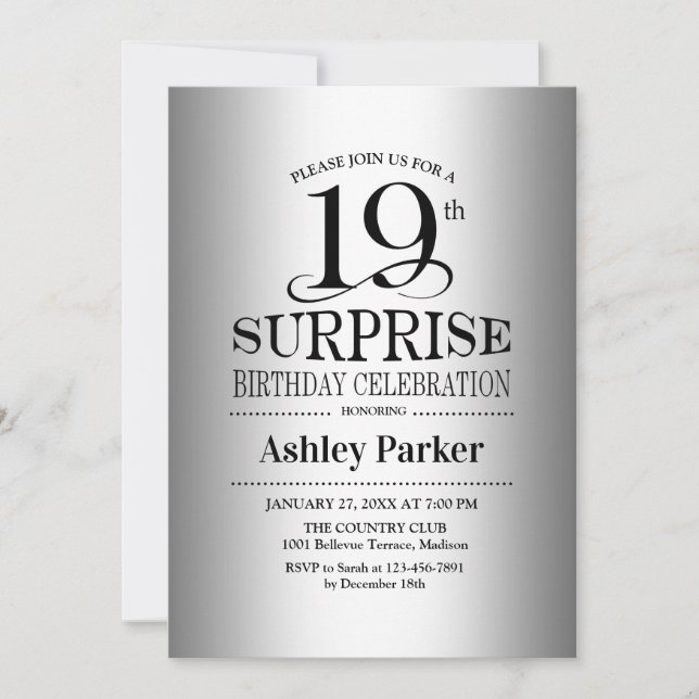 Surprise 19th Birthday Party - Silver Invitation (Front)
