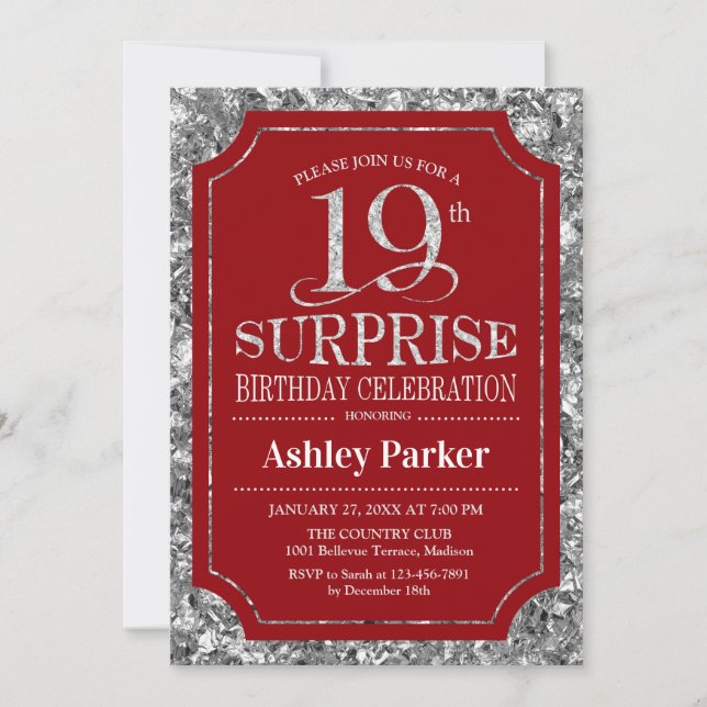 Surprise 19th Birthday Party - Silver Red Invitation (Front)
