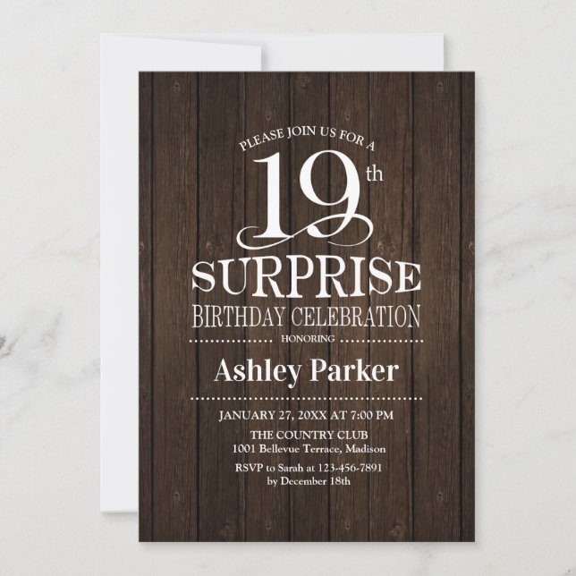 Surprise 19th Birthday Party - Wood Invitation (Front)