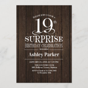 Surprise 19th Birthday Party - Wood Invitation
