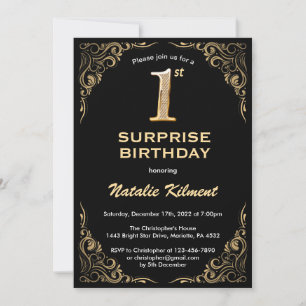 Surprise 1st Birthday Black and Gold Glitter Frame Invitation
